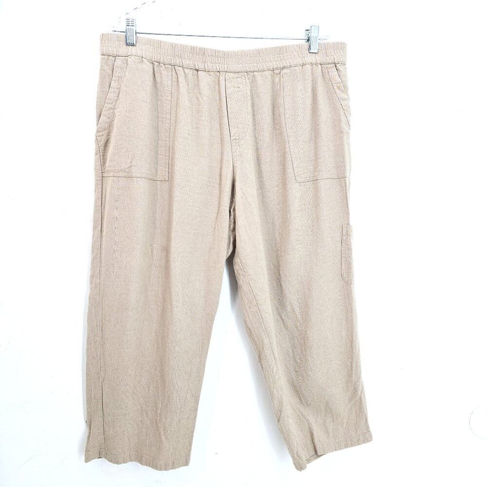 VTG Susan Graver Tan Beige Cargo Linen Rayon High Waist Ankle Pants Women LP